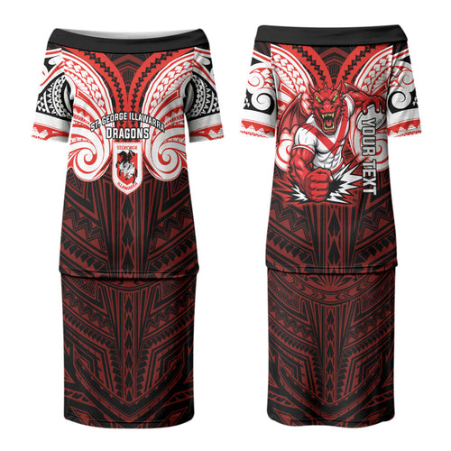 Custom St. George Illawarra Dragons Couples Matching Puletasi and Long Sleeve Button Shirt Dragon Warrior Polynesia Islander Rugby Mascot