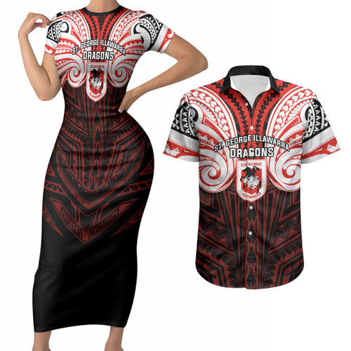 Custom St. George Illawarra Dragons Couples Matching Short Sleeve Bodycon Dress and Hawaiian Shirt Dragon Warrior Polynesia Islander Rugby Mascot