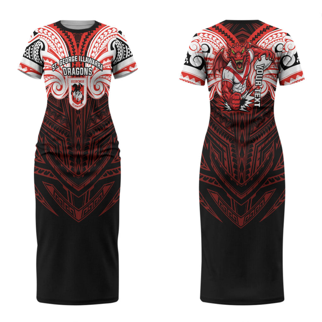 Custom St. George Illawarra Dragons Couples Matching Short Sleeve Bodycon Dress and Hawaiian Shirt Dragon Warrior Polynesia Islander Rugby Mascot
