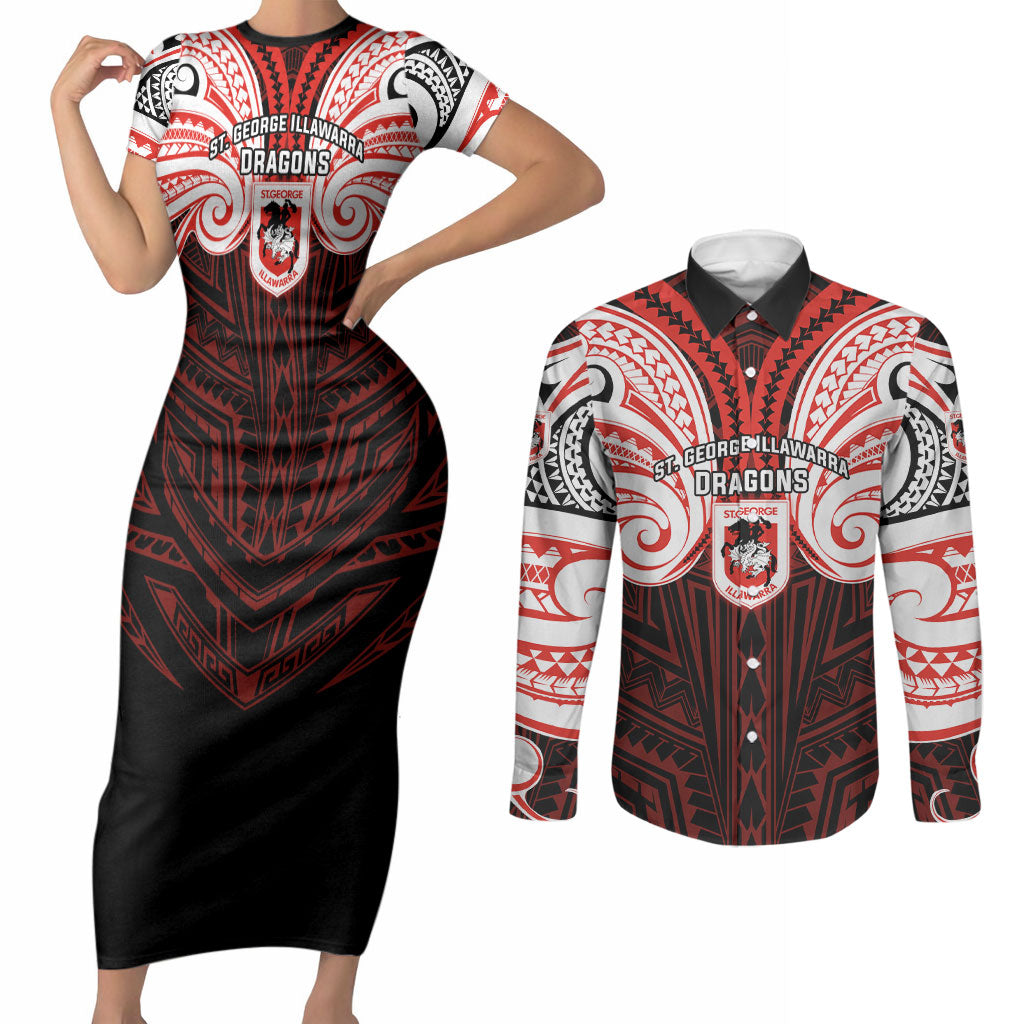 Custom St. George Illawarra Dragons Couples Matching Short Sleeve Bodycon Dress and Long Sleeve Button Shirt Dragon Warrior Polynesia Islander Rugby Mascot