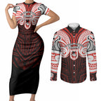 Custom St. George Illawarra Dragons Couples Matching Short Sleeve Bodycon Dress and Long Sleeve Button Shirt Dragon Warrior Polynesia Islander Rugby Mascot
