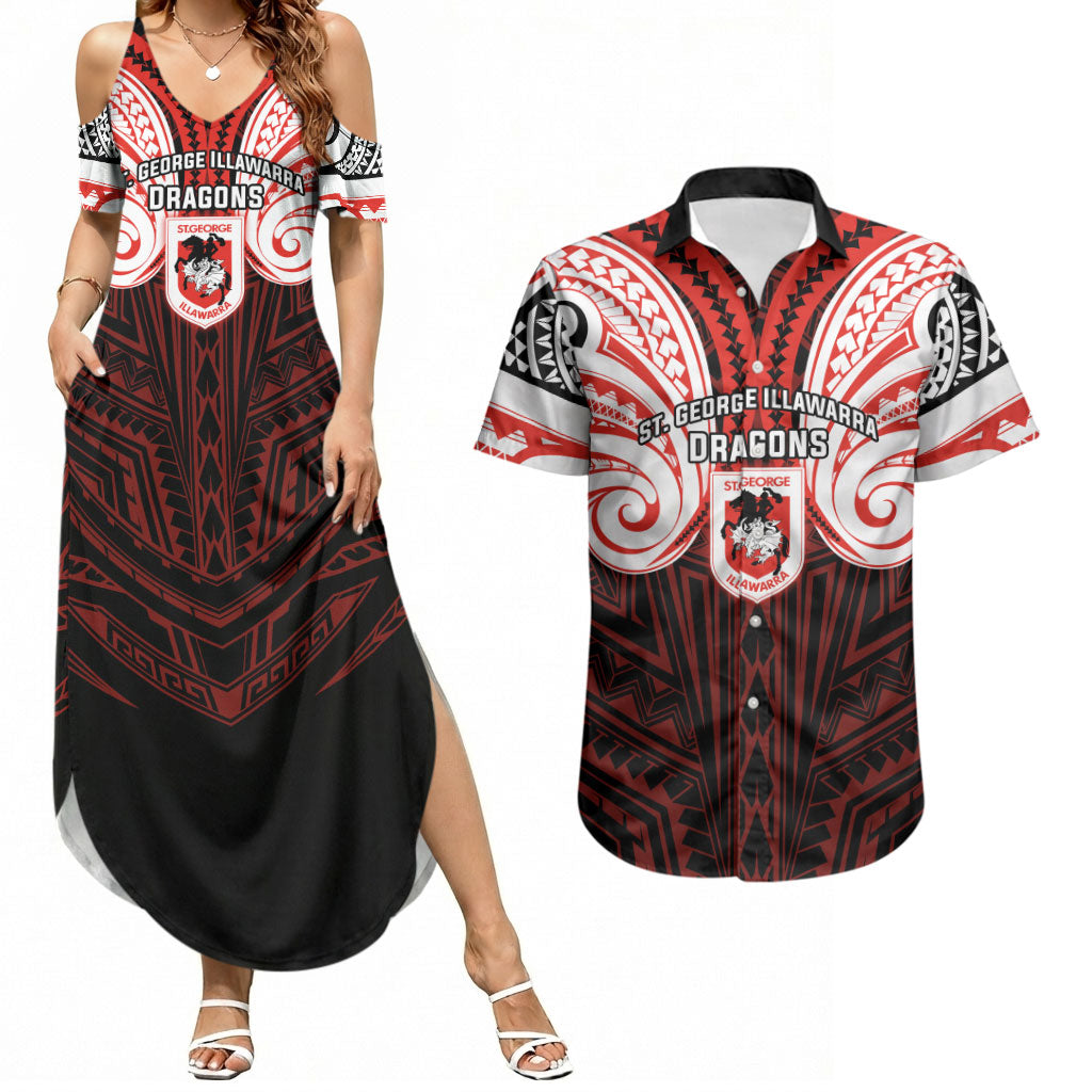 Custom St. George Illawarra Dragons Couples Matching Summer Maxi Dress and Hawaiian Shirt Dragon Warrior Polynesia Islander Rugby Mascot
