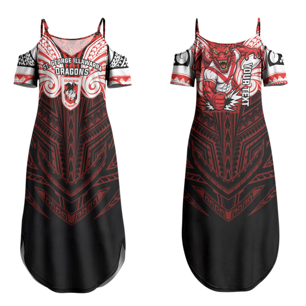 Custom St. George Illawarra Dragons Couples Matching Summer Maxi Dress and Hawaiian Shirt Dragon Warrior Polynesia Islander Rugby Mascot
