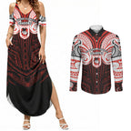 Custom St. George Illawarra Dragons Couples Matching Summer Maxi Dress and Long Sleeve Button Shirt Dragon Warrior Polynesia Islander Rugby Mascot