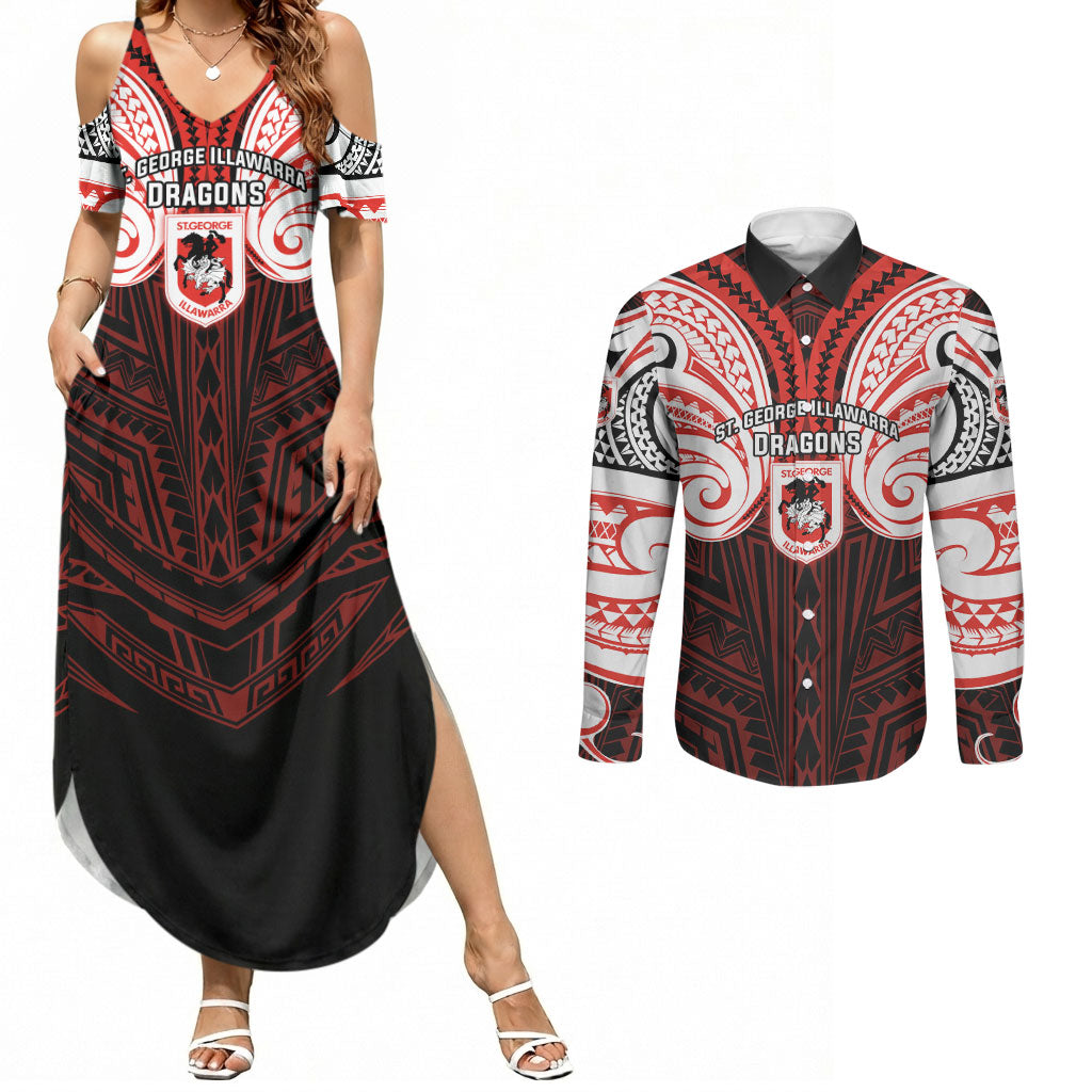 Custom St. George Illawarra Dragons Couples Matching Summer Maxi Dress and Long Sleeve Button Shirt Dragon Warrior Polynesia Islander Rugby Mascot