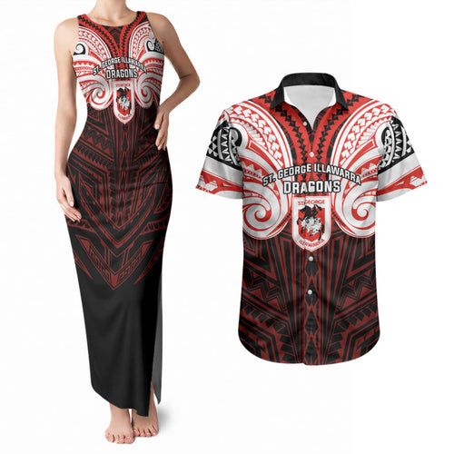 Custom St. George Illawarra Dragons Couples Matching Tank Maxi Dress and Hawaiian Shirt Dragon Warrior Polynesia Islander Rugby Mascot