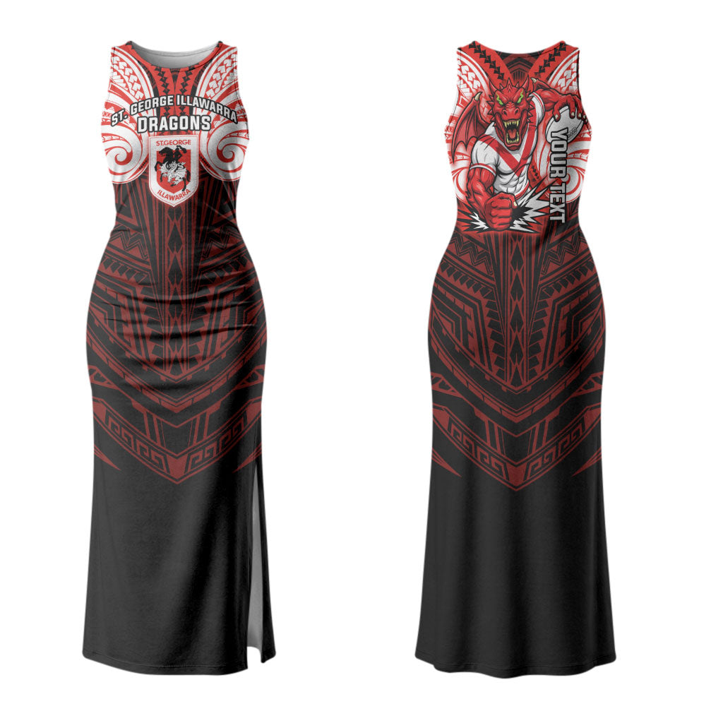 Custom St. George Illawarra Dragons Couples Matching Tank Maxi Dress and Hawaiian Shirt Dragon Warrior Polynesia Islander Rugby Mascot