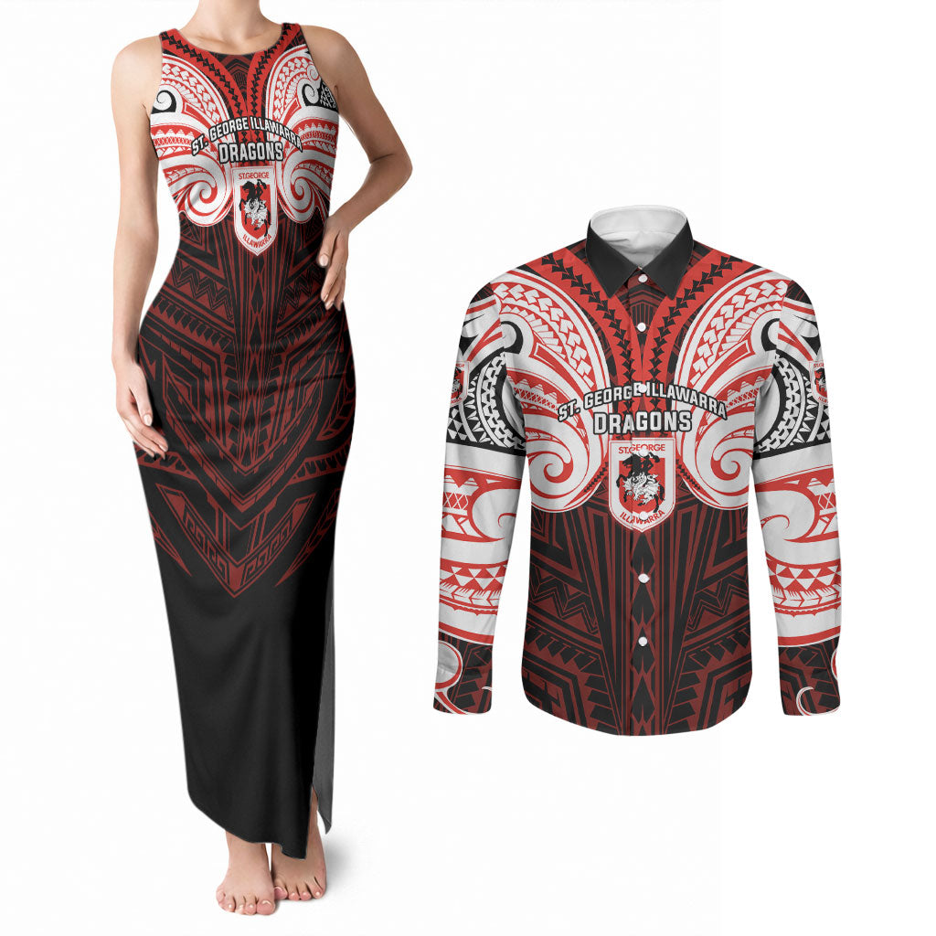 Custom St. George Illawarra Dragons Couples Matching Tank Maxi Dress and Long Sleeve Button Shirt Dragon Warrior Polynesia Islander Rugby Mascot