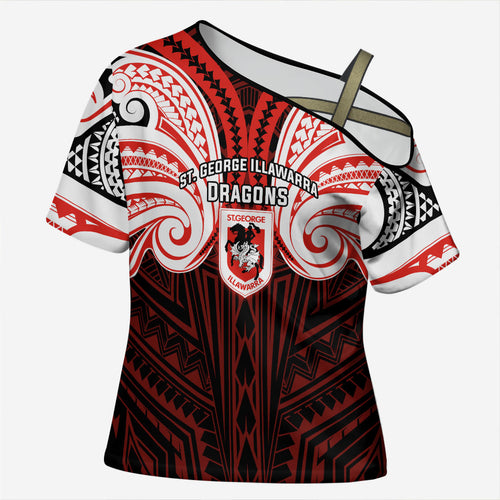 Custom St. George Illawarra Dragons Cross Shoulder Shirt Dragon Warrior Polynesia Islander Rugby Mascot