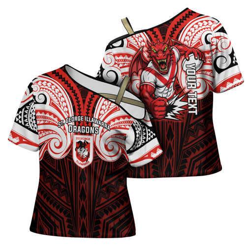 Custom St. George Illawarra Dragons Cross Shoulder Shirt Dragon Warrior Polynesia Islander Rugby Mascot