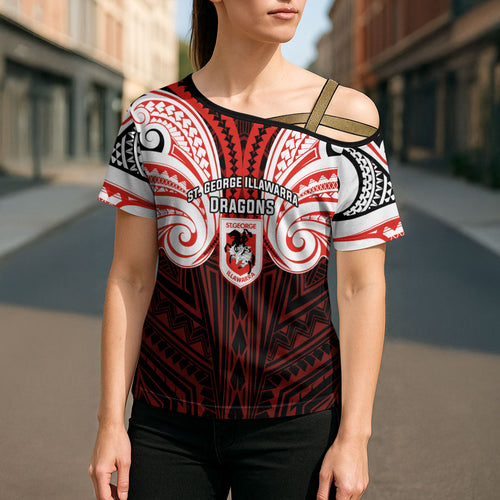 Custom St. George Illawarra Dragons Cross Shoulder Shirt Dragon Warrior Polynesia Islander Rugby Mascot