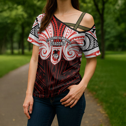 Custom St. George Illawarra Dragons Cross Shoulder Shirt Dragon Warrior Polynesia Islander Rugby Mascot