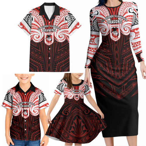 Custom St. George Illawarra Dragons Family Matching Long Sleeve Bodycon Dress and Hawaiian Shirt Dragon Warrior Polynesia Islander Rugby Mascot
