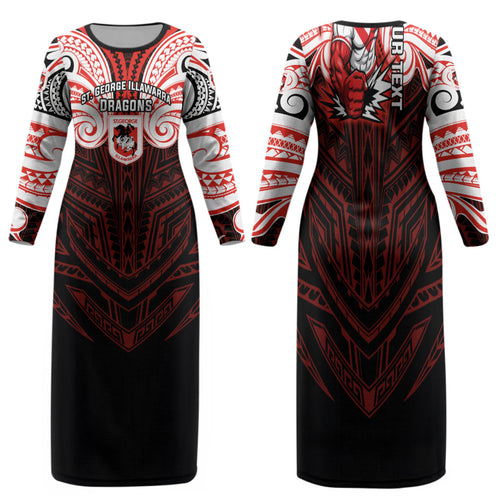 Custom St. George Illawarra Dragons Family Matching Long Sleeve Bodycon Dress and Hawaiian Shirt Dragon Warrior Polynesia Islander Rugby Mascot