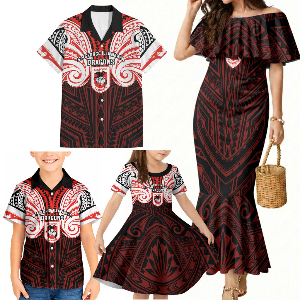 Custom St. George Illawarra Dragons Family Matching Mermaid Dress and Hawaiian Shirt Dragon Warrior Polynesia Islander Rugby Mascot