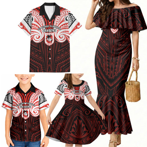 Custom St. George Illawarra Dragons Family Matching Mermaid Dress and Hawaiian Shirt Dragon Warrior Polynesia Islander Rugby Mascot