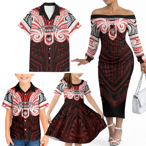 Custom St. George Illawarra Dragons Family Matching Off The Shoulder Long Sleeve Dress and Hawaiian Shirt Dragon Warrior Polynesia Islander Rugby Mascot
