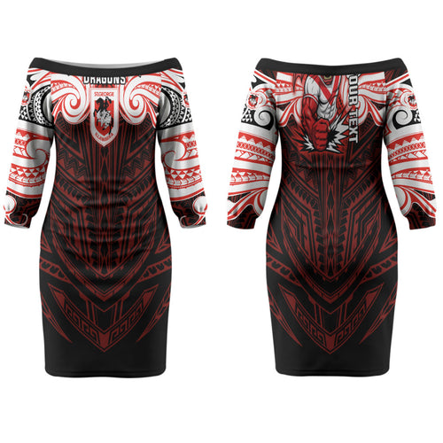 Custom St. George Illawarra Dragons Family Matching Off The Shoulder Long Sleeve Dress and Hawaiian Shirt Dragon Warrior Polynesia Islander Rugby Mascot