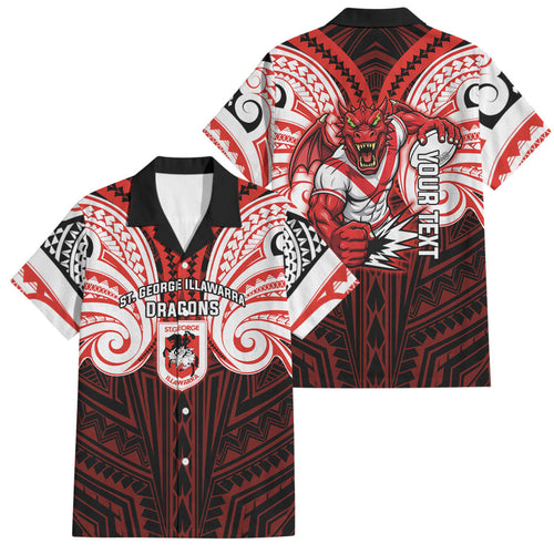 Custom St. George Illawarra Dragons Family Matching Off The Shoulder Long Sleeve Dress and Hawaiian Shirt Dragon Warrior Polynesia Islander Rugby Mascot