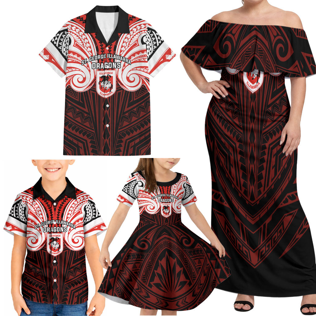 Custom St. George Illawarra Dragons Family Matching Off Shoulder Maxi Dress and Hawaiian Shirt Dragon Warrior Polynesia Islander Rugby Mascot