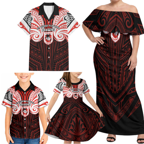 Custom St. George Illawarra Dragons Family Matching Off Shoulder Maxi Dress and Hawaiian Shirt Dragon Warrior Polynesia Islander Rugby Mascot