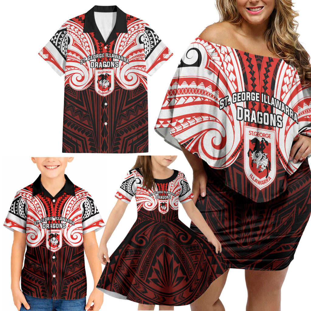 Custom St. George Illawarra Dragons Family Matching Off Shoulder Short Dress and Hawaiian Shirt Dragon Warrior Polynesia Islander Rugby Mascot