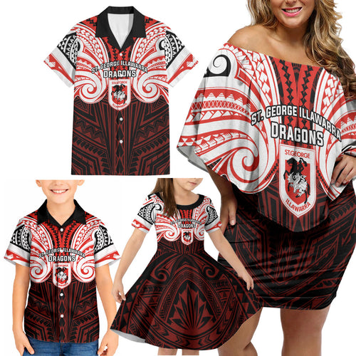 Custom St. George Illawarra Dragons Family Matching Off Shoulder Short Dress and Hawaiian Shirt Dragon Warrior Polynesia Islander Rugby Mascot