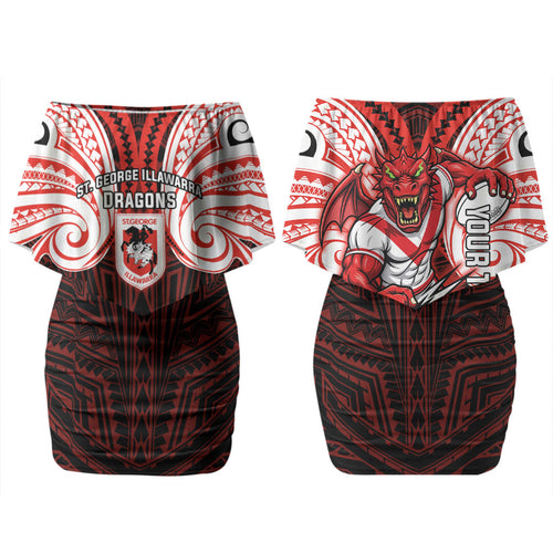 Custom St. George Illawarra Dragons Family Matching Off Shoulder Short Dress and Hawaiian Shirt Dragon Warrior Polynesia Islander Rugby Mascot