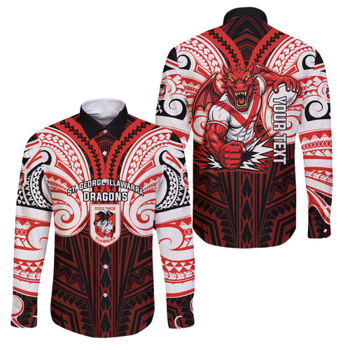 Custom St. George Illawarra Dragons Family Matching Off Shoulder Short Dress and Hawaiian Shirt Dragon Warrior Polynesia Islander Rugby Mascot