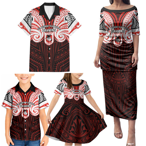 Custom St. George Illawarra Dragons Family Matching Puletasi and Hawaiian Shirt Dragon Warrior Polynesia Islander Rugby Mascot