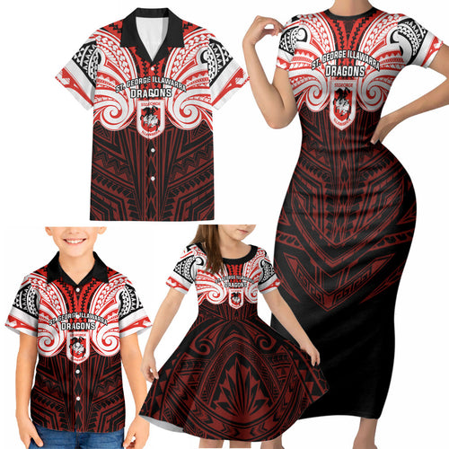 Custom St. George Illawarra Dragons Family Matching Short Sleeve Bodycon Dress and Hawaiian Shirt Dragon Warrior Polynesia Islander Rugby Mascot