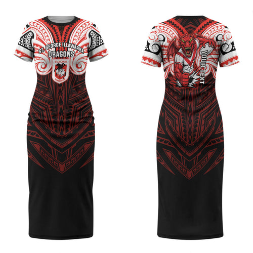 Custom St. George Illawarra Dragons Family Matching Short Sleeve Bodycon Dress and Hawaiian Shirt Dragon Warrior Polynesia Islander Rugby Mascot