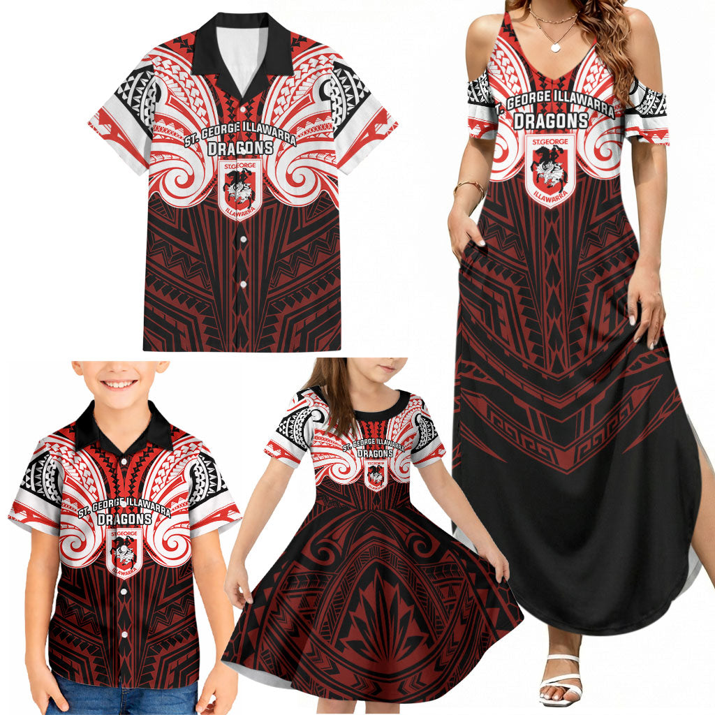 Custom St. George Illawarra Dragons Family Matching Summer Maxi Dress and Hawaiian Shirt Dragon Warrior Polynesia Islander Rugby Mascot