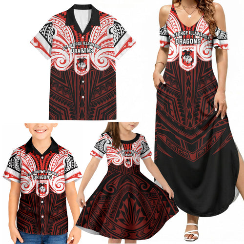 Custom St. George Illawarra Dragons Family Matching Summer Maxi Dress and Hawaiian Shirt Dragon Warrior Polynesia Islander Rugby Mascot