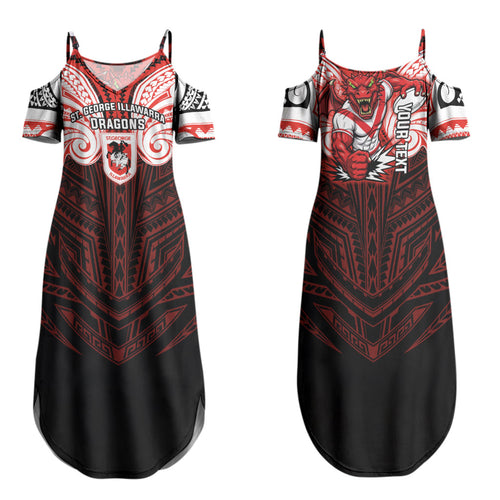 Custom St. George Illawarra Dragons Family Matching Summer Maxi Dress and Hawaiian Shirt Dragon Warrior Polynesia Islander Rugby Mascot