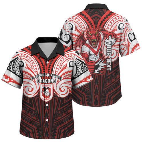 Custom St. George Illawarra Dragons Family Matching Summer Maxi Dress and Hawaiian Shirt Dragon Warrior Polynesia Islander Rugby Mascot