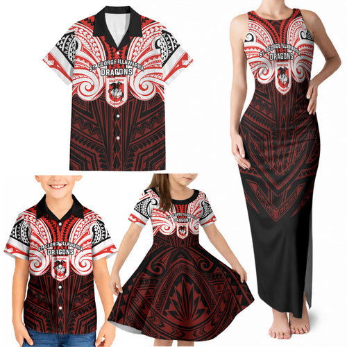 Custom St. George Illawarra Dragons Family Matching Tank Maxi Dress and Hawaiian Shirt Dragon Warrior Polynesia Islander Rugby Mascot