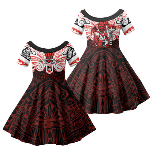 Custom St. George Illawarra Dragons Family Matching Tank Maxi Dress and Hawaiian Shirt Dragon Warrior Polynesia Islander Rugby Mascot