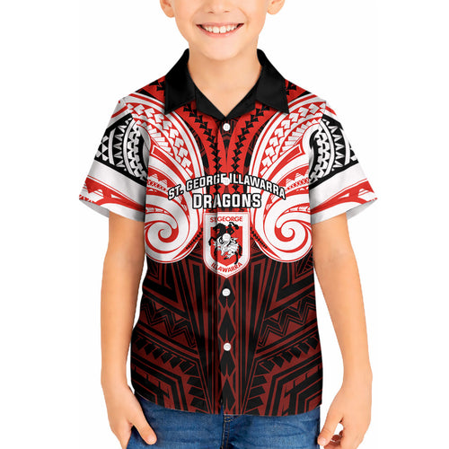 Custom St. George Illawarra Dragons Kid Hawaiian Shirt Dragon Warrior Polynesia Islander Rugby Mascot