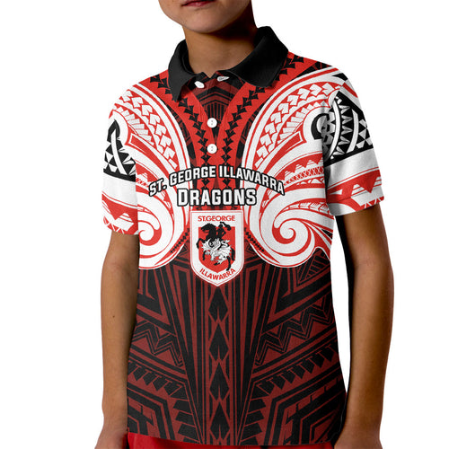 Custom St. George Illawarra Dragons Kid Polo Shirt Dragon Warrior Polynesia Islander Rugby Mascot