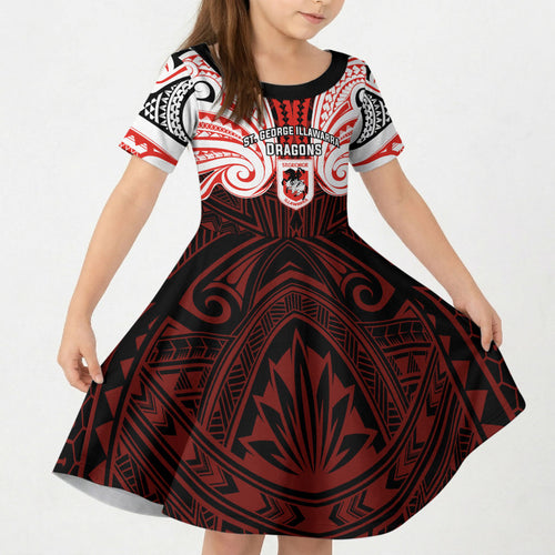 Custom St. George Illawarra Dragons Kid Short Sleeve Dress Dragon Warrior Polynesia Islander Rugby Mascot