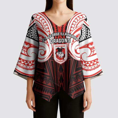 Custom St. George Illawarra Dragons Kimono Sleeve Blouse Dragon Warrior Polynesia Islander Rugby Mascot
