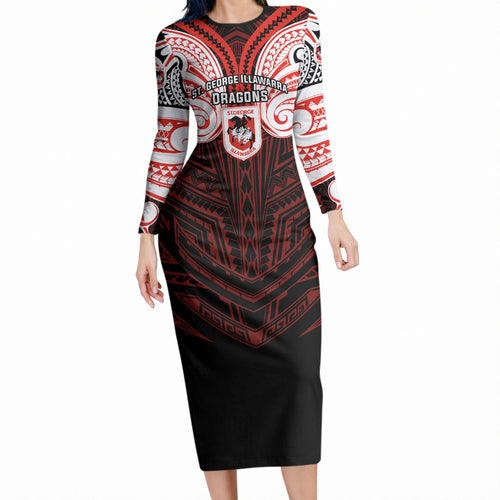 Custom St. George Illawarra Dragons Long Sleeve Bodycon Dress Dragon Warrior Polynesia Islander Rugby Mascot