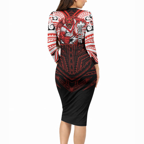 Custom St. George Illawarra Dragons Long Sleeve Bodycon Dress Dragon Warrior Polynesia Islander Rugby Mascot