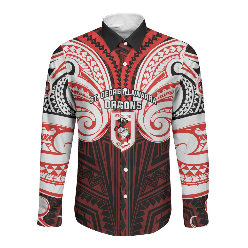 Custom St. George Illawarra Dragons Long Sleeve Button Shirt Dragon Warrior Polynesia Islander Rugby Mascot