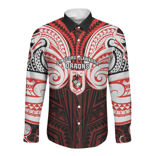 Custom St. George Illawarra Dragons Long Sleeve Button Shirt Dragon Warrior Polynesia Islander Rugby Mascot