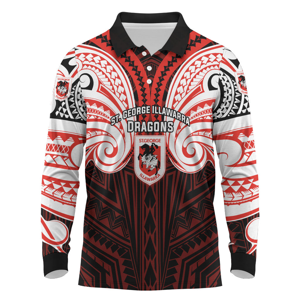 Custom St. George Illawarra Dragons Long Sleeve Polo Shirt Dragon Warrior Polynesia Islander Rugby Mascot