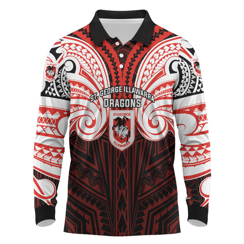 Custom St. George Illawarra Dragons Long Sleeve Polo Shirt Dragon Warrior Polynesia Islander Rugby Mascot