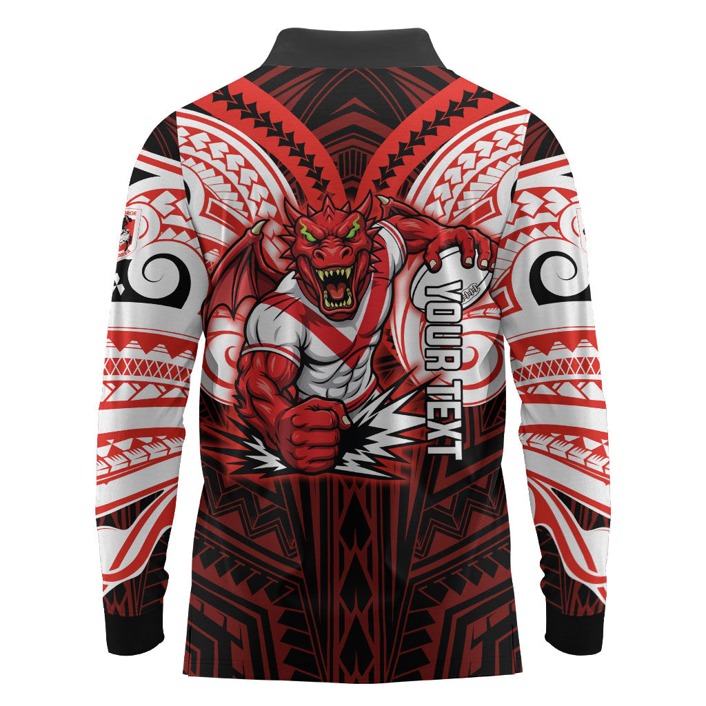 Custom St. George Illawarra Dragons Long Sleeve Polo Shirt Dragon Warrior Polynesia Islander Rugby Mascot