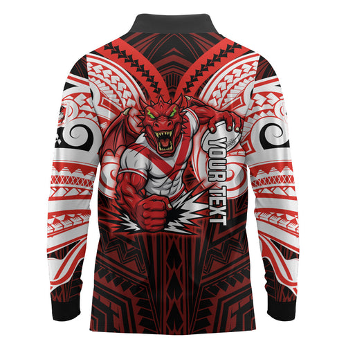 Custom St. George Illawarra Dragons Long Sleeve Polo Shirt Dragon Warrior Polynesia Islander Rugby Mascot